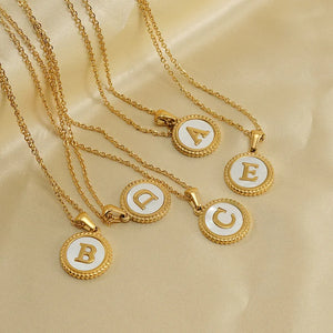 18K Stainless Steel Alphabet Necklace, Titanium Steel Round Embossed Pendant