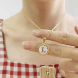 18K Stainless Steel Alphabet Necklace, Titanium Steel Round Embossed Pendant