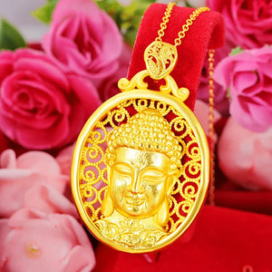 18K Yellow Buddha Head Pendant Necklace for Women Men