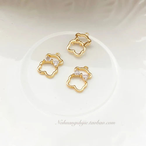 18K Gold-Clad Zircon Bow Bear Pendant DIY Jewelry Material