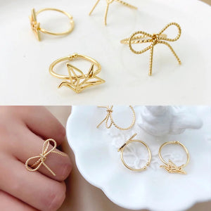 18K Gold-Clad Small Fresh Bow Ring, Adjustable Crane Ring