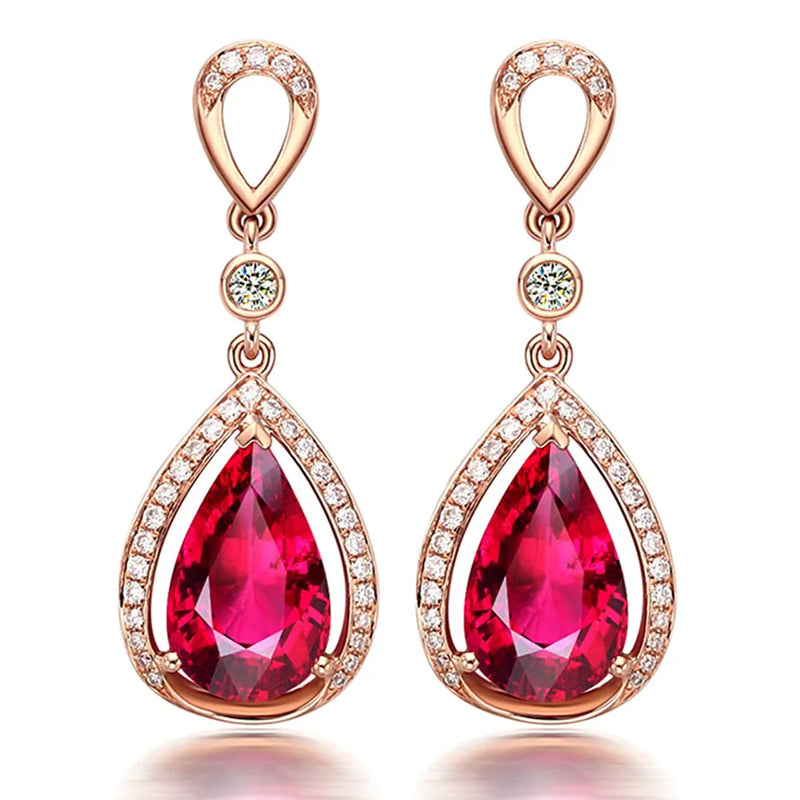 18K Rose Ruby Zircon Diamond Earrings for Women Party Jewelry