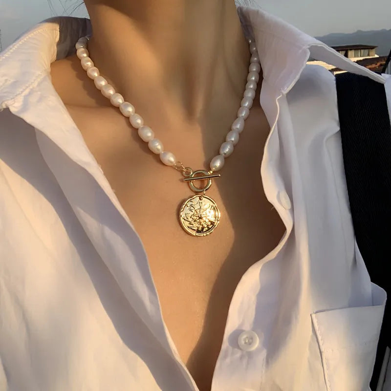 18KGF Freshwater Pearl Coin Pendant Choker Necklace Women Fine Jewelry