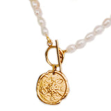 18KGF Freshwater Pearl Coin Pendant Choker Necklace Women Fine Jewelry