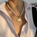 18KGF Freshwater Pearl Coin Pendant Choker Necklace Women Fine Jewelry