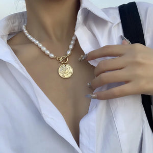 18KGF Freshwater Pearl Coin Pendant Choker Necklace Women Fine Jewelry