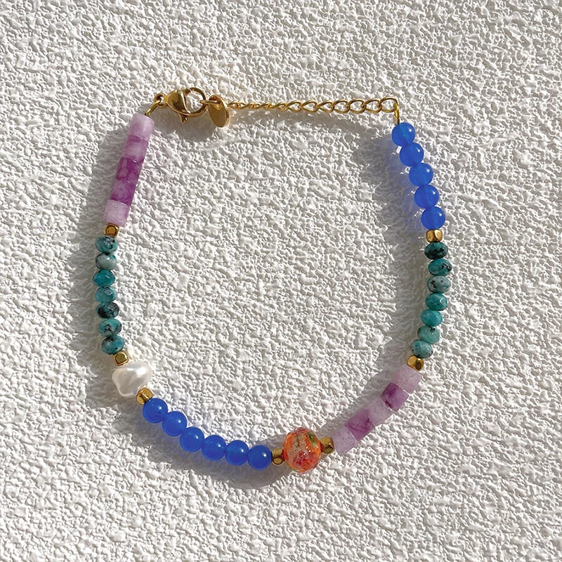 18KGF Colorful Stone Bracelet Natural Agat Quartzs Bead Charm Bracelet