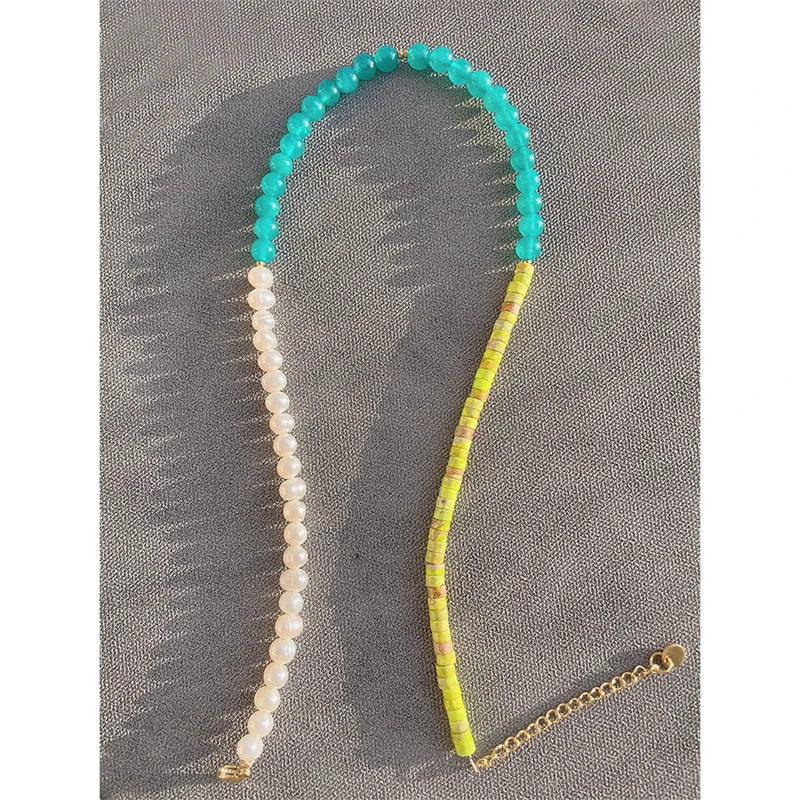 18KGF Pearl Necklace Green Aventurine Stone Choker