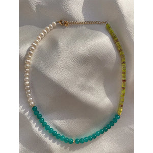 18KGF Pearl Necklace Green Aventurine Stone Choker
