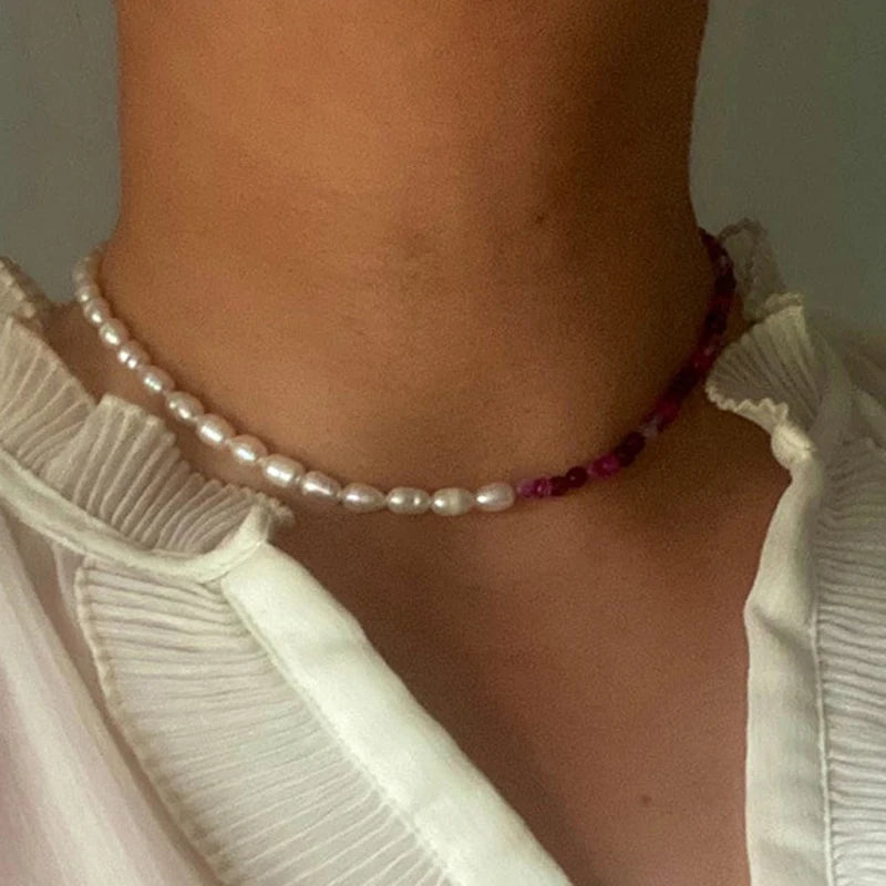 18KGF Nature Stone Choker Necklaces Freshwater Pearl Beaded Chockers