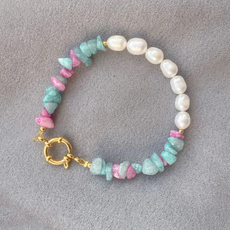 Vintage Women Bracelet with Natural Pearl and Stone Beads