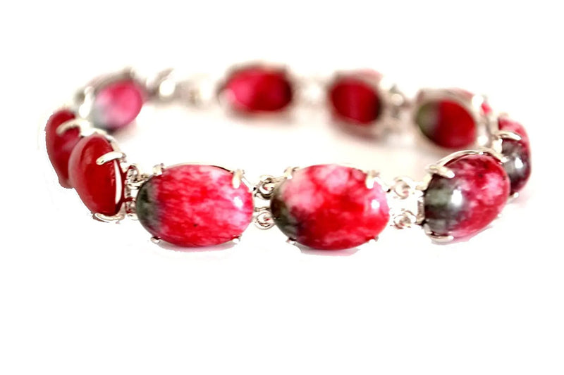 18KGP Silver Egg Shaped Peach Nephrite Jade Chain Bracelet