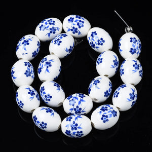18Pcs Oval Floral Ceramic Beads 17x13mm for DIY Craft Jewelry Making