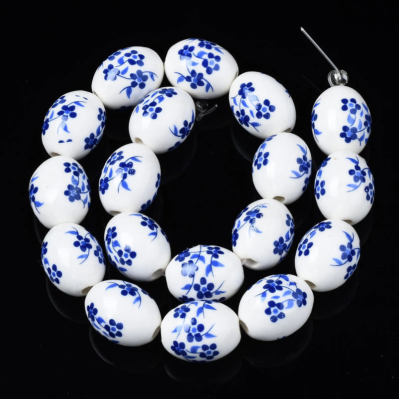 18Pcs Oval Floral Ceramic Beads 17x13mm for DIY Craft Jewelry Making