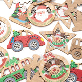 18Pcs Christmas Wood Big Pendants Car Flat Round Star Frame Mixed Color