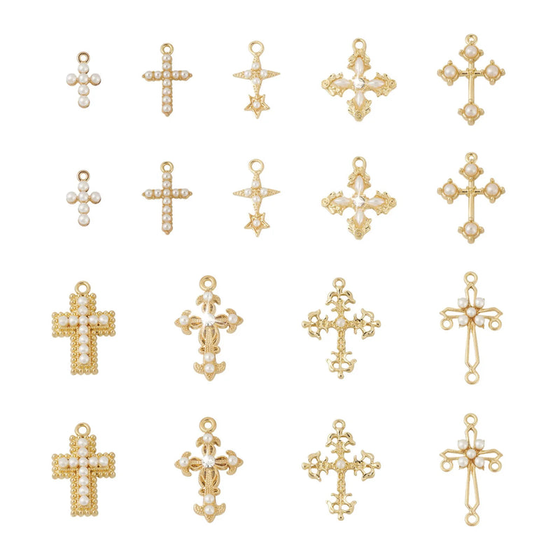 18Pcs Cross Star Alloy Pendant Charm w/ Resin Pearl Bead Rhinestone