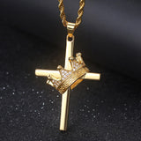 18k Zircon Diamonds Crown & Cross Pendant Necklace for Men
