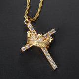 18k Zircon Diamonds Crown & Cross Pendant Necklace for Men