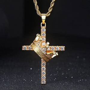 18k Zircon Diamonds Crown & Cross Pendant Necklace for Men