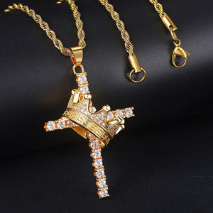 18k Zircon Diamonds Crown & Cross Pendant Necklace for Men