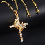 18k Zircon Diamonds Crown & Cross Pendant Necklace for Men