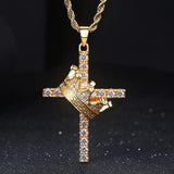 18k Zircon Diamonds Crown & Cross Pendant Necklace for Men