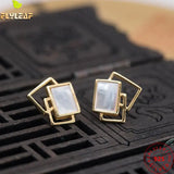 Geometric Square Shell Stud Earrings 925 Silver Chinese Style Vintage Jewelry