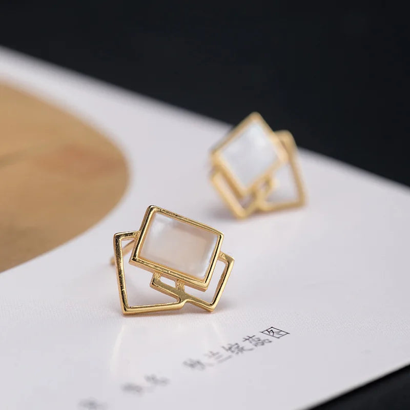 Geometric Square Shell Stud Earrings 925 Silver Chinese Style Vintage Jewelry