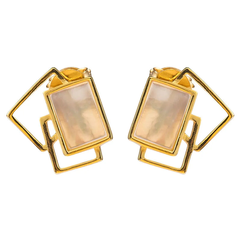 Geometric Square Shell Stud Earrings 925 Silver Chinese Style Vintage Jewelry
