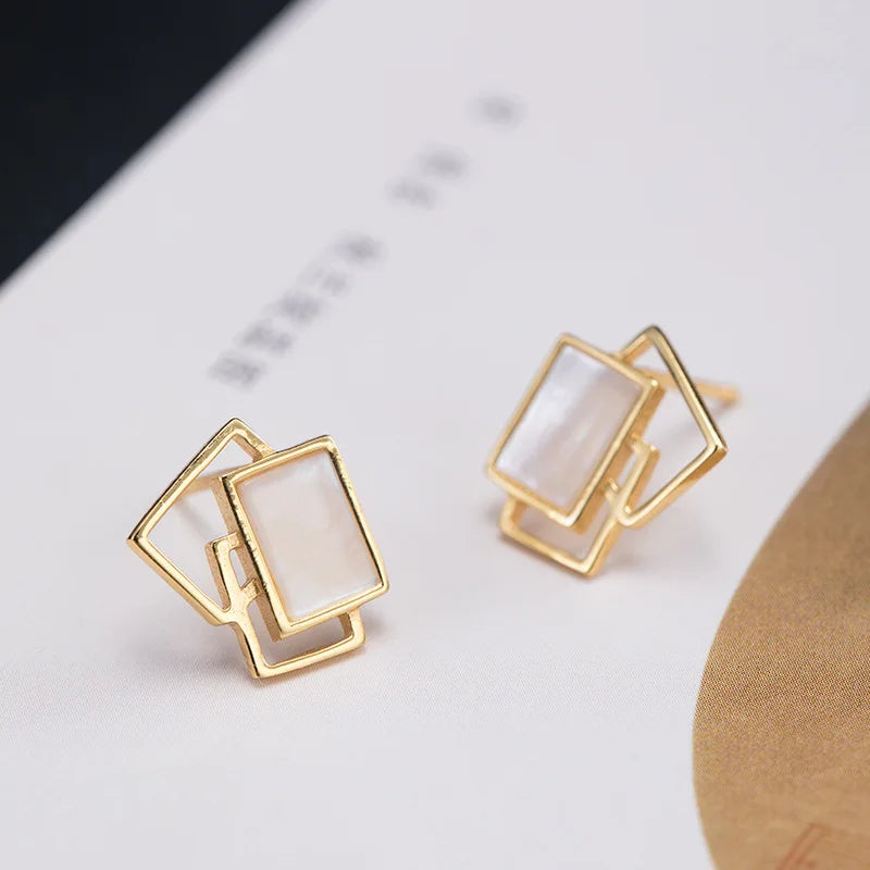 Geometric Square Shell Stud Earrings 925 Silver Chinese Style Vintage Jewelry
