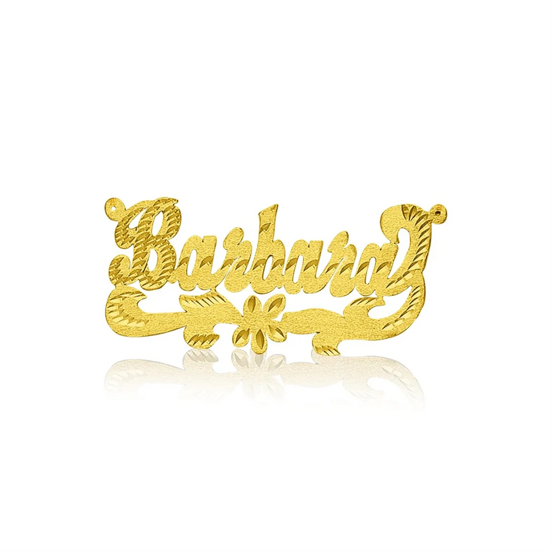 18k Name Necklace with Flower-Figaro Chain Custom Frosted Name for Mom
