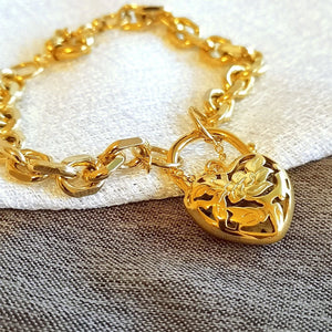 18k Plated Heart Belcher Padlock Bracelet 7mm Chain Width Solid Jewelry