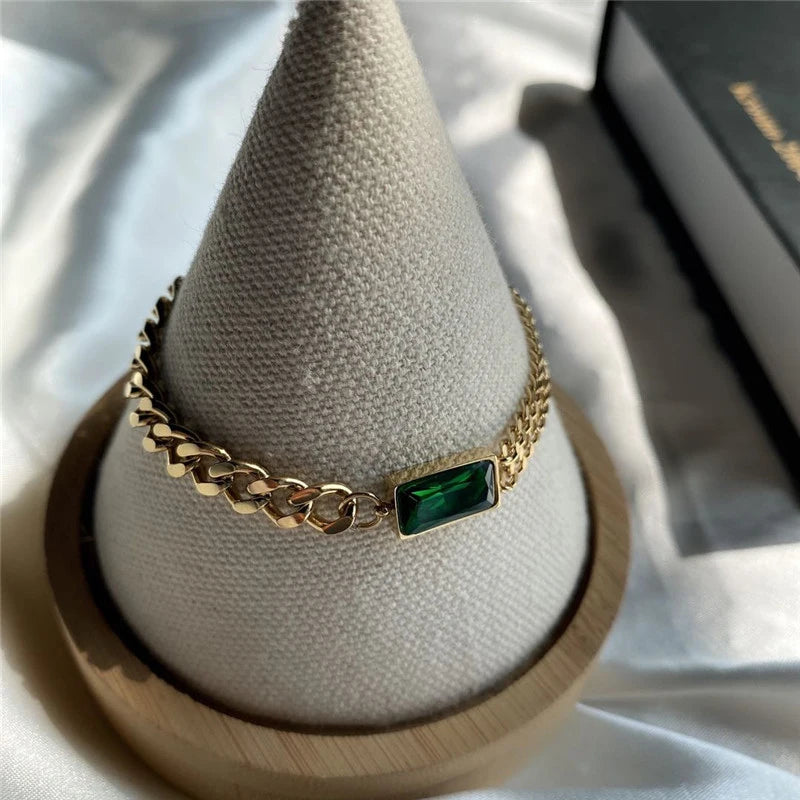 Green Cz Stone Double Layer Chain Bracelet for Women