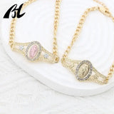 18k Oval Muti Zirconia Tri-Tone Chain San Judas Esclava Bracelet