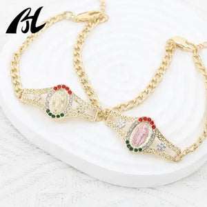 18k Oval Muti Zirconia Tri-Tone Chain San Judas Esclava Bracelet