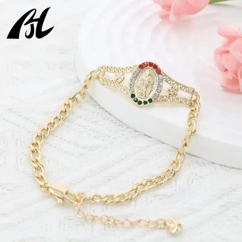 18k Oval Muti Zirconia Tri-Tone Chain San Judas Esclava Bracelet
