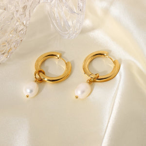 18k Plated Stainless Steel Pearl Pendant Huggie Earrings