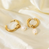 18k Plated Stainless Steel Pearl Pendant Huggie Earrings