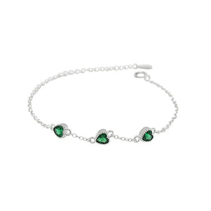 Green Emerald CZ Heart Charms Bracelet 925 Sterling Silver