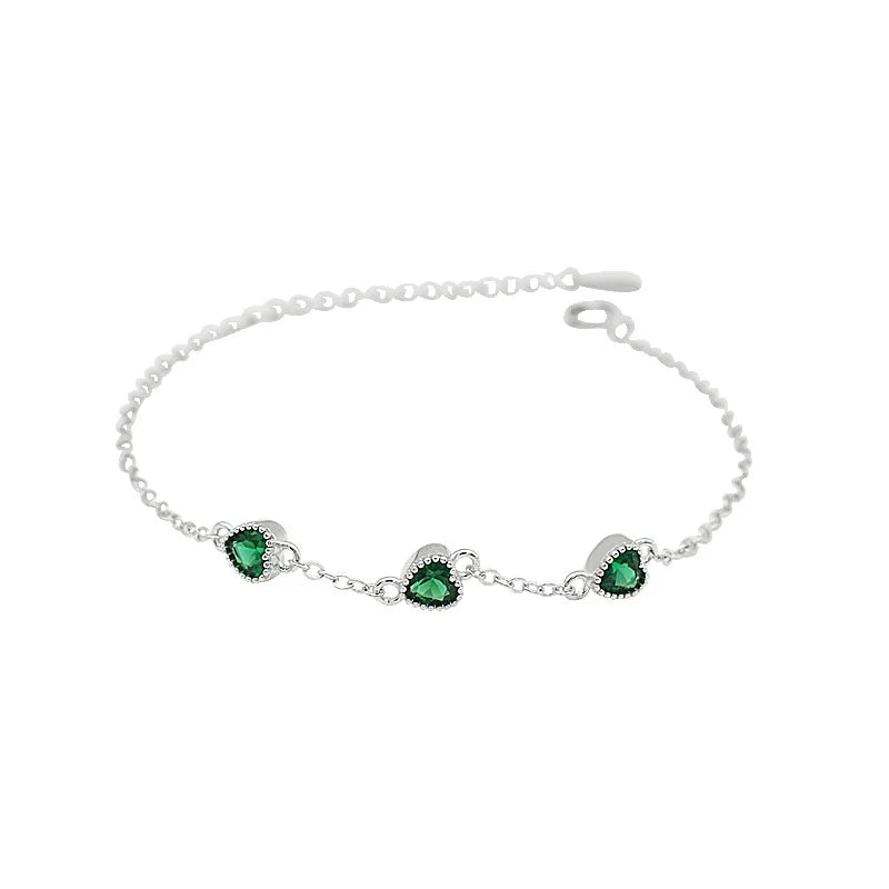Green Emerald CZ Heart Charms Bracelet 925 Sterling Silver