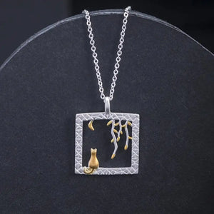 Moon Cat Pendant Necklace 925 Silver Clavicle Necklace Vintage Jewelry