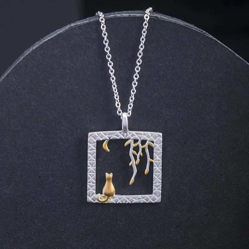 Moon Cat Pendant Necklace 925 Silver Clavicle Necklace Vintage Jewelry