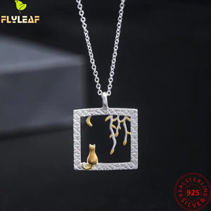 Moon Cat Pendant Necklace 925 Silver Clavicle Necklace Vintage Jewelry