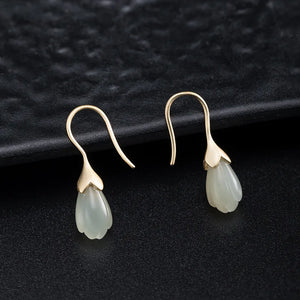 Jade Magnolia Flower Earrings 925 Silver Vintage Jewelry