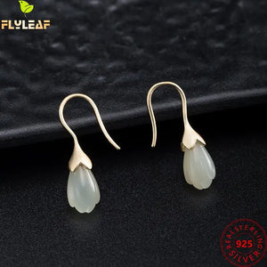 Jade Magnolia Flower Earrings 925 Silver Vintage Jewelry