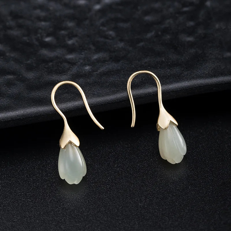 Jade Magnolia Flower Earrings 925 Silver Vintage Jewelry