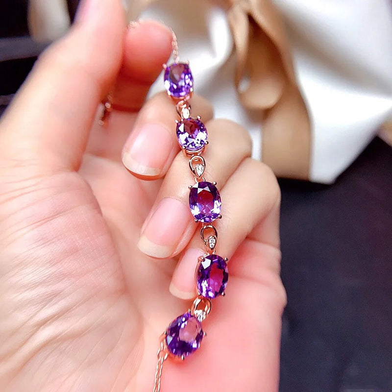 18k Rose Purple Crystal Amethyst Gemstonds Chain Bracelet