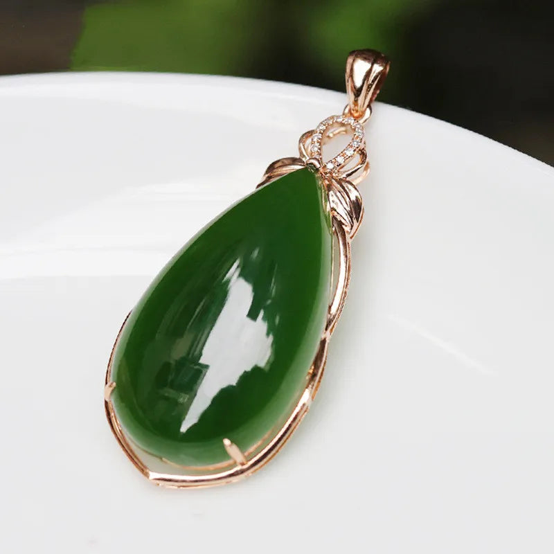 18k Rose Filled Green Jade Emerald Gemstones Diamonds Drop Pendant Necklace