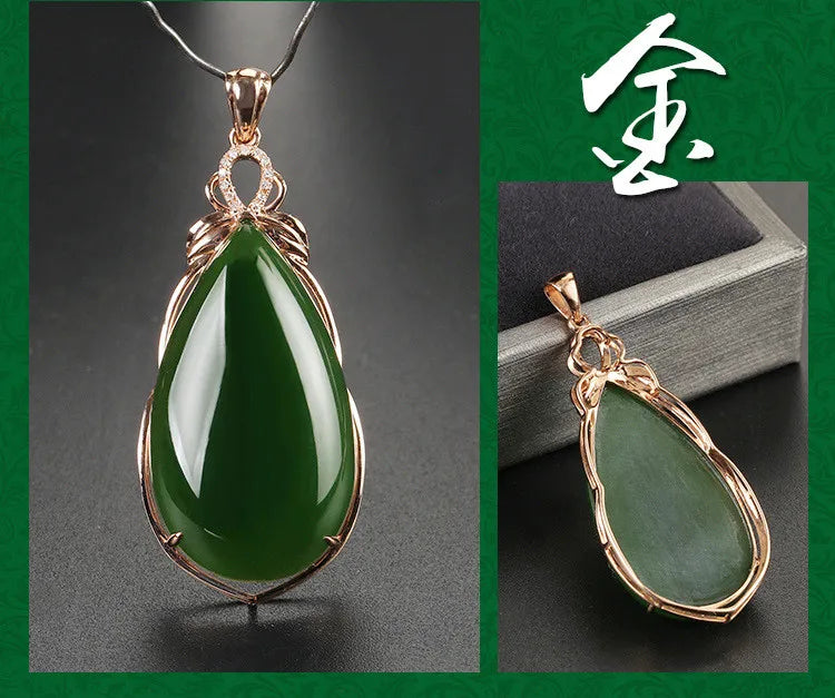 18k Rose Filled Green Jade Emerald Gemstones Diamonds Drop Pendant Necklace