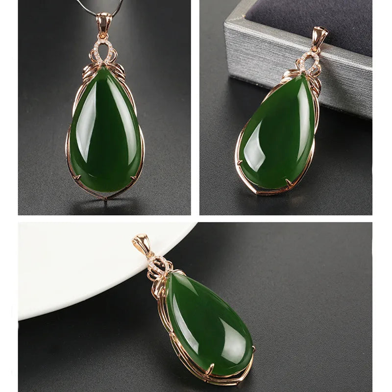 18k Rose Filled Green Jade Emerald Gemstones Diamonds Drop Pendant Necklace